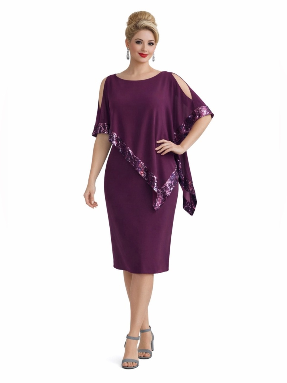 Midnight Velvet Sequin Trim Cocktail Party Formal Berry MOB Clarice Cape Dress